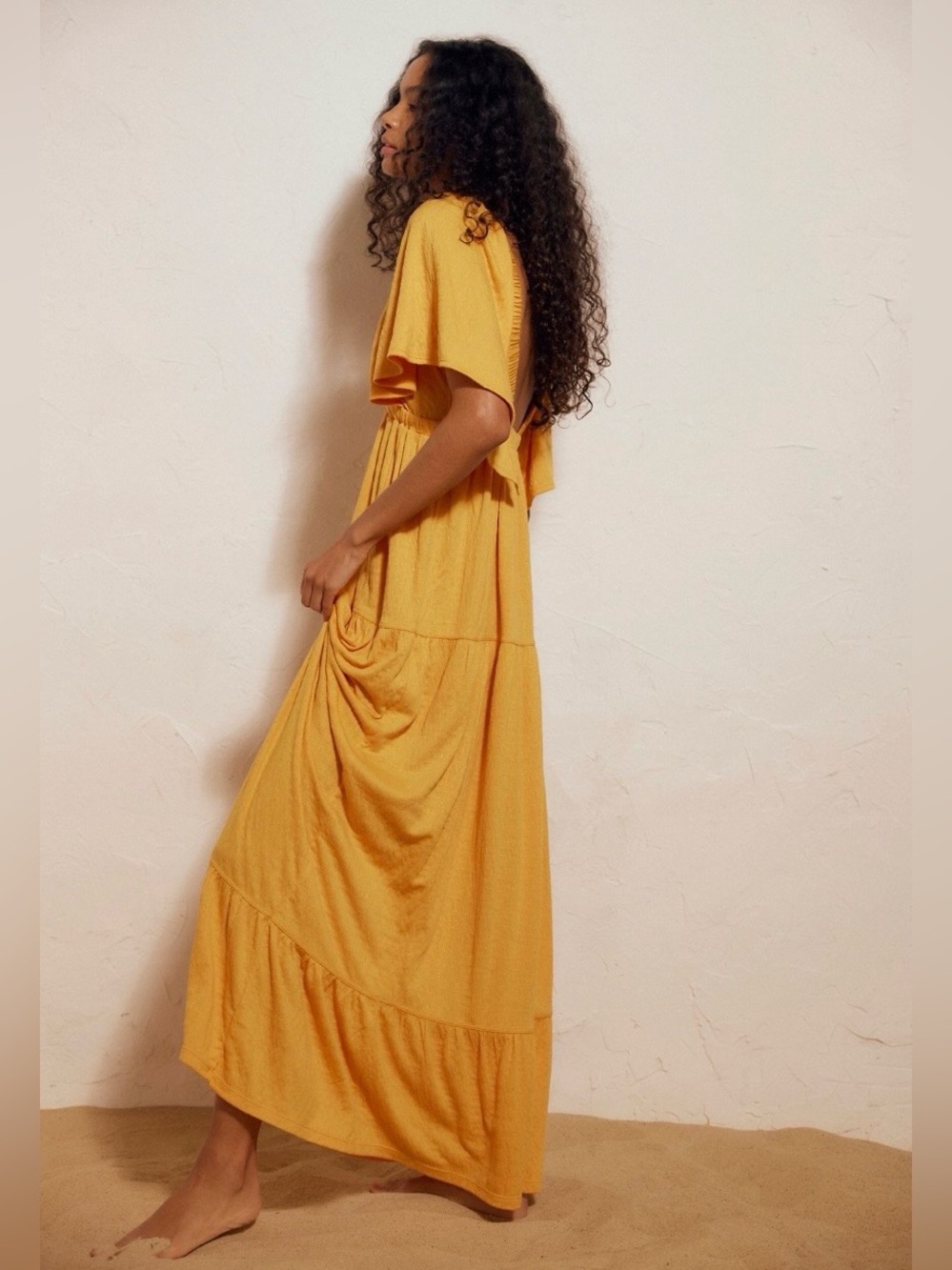 Free People La La Golden Yellow V-Neck Flutter Maxi Dress Size Small - Picture 6 of 12